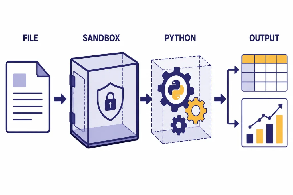 Flow diagram labeled FILE, SANDBOX, PYTHON, and OUTPUT, ending in a table and chart.