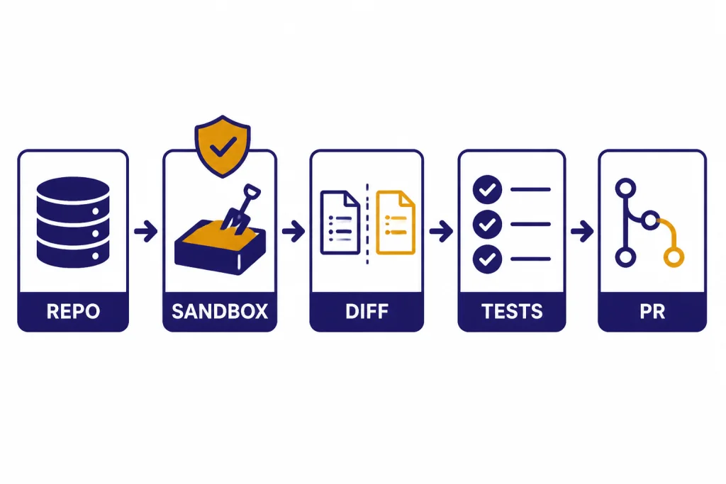 Codex Repository Workflow Repository workflow boxes labeled REPO, SANDBOX, DIFF, TESTS, and PR connected by arrows.