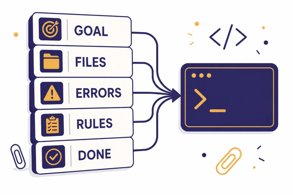 Coding Context Pack Five context cards labeled GOAL, FILES, ERRORS, RULES, and DONE feeding into a prompt box.