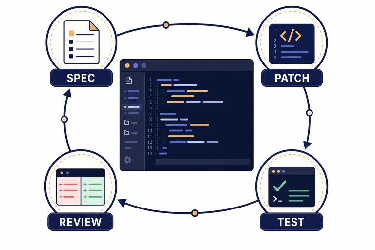 Code editor panel encircled by four workflow checkpoints labeled SPEC, PATCH, TEST, and REVIEW.
