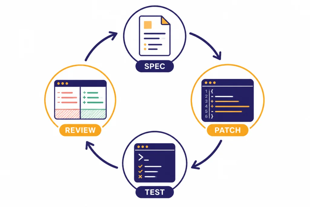Spec Patch Test Review Four-stage loop labeled SPEC, PATCH, TEST, and REVIEW with arrows connecting each coding step.