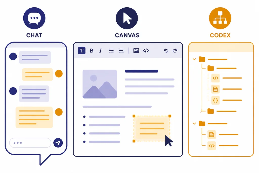Coding Surface Comparison Three workspace panels labeled CHAT, CANVAS, and CODEX with speech, cursor, and file tree icons.