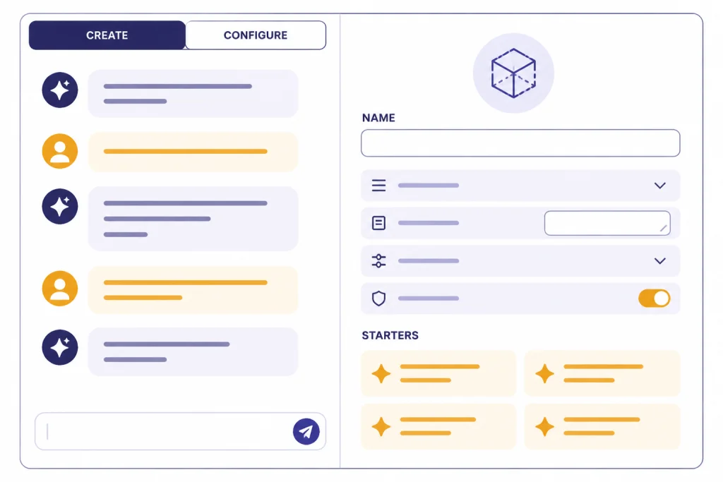 Two-column GPT Builder editor labeled CREATE and CONFIGURE with NAME and STARTERS fields.