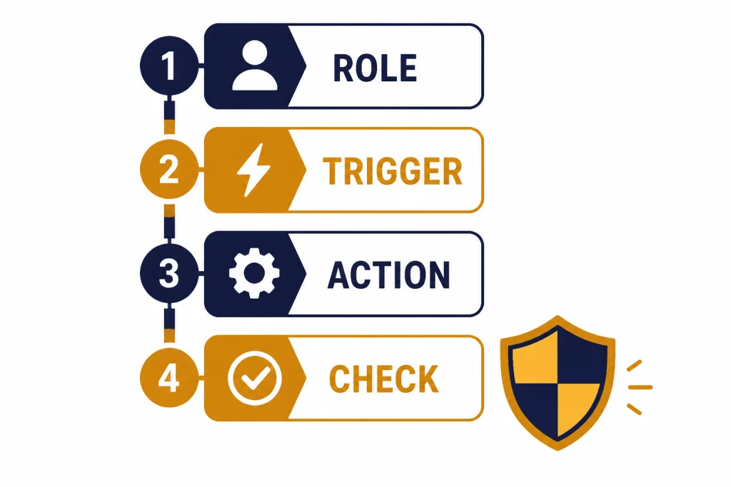 Vertical instruction ladder labeled ROLE, TRIGGER, ACTION, and CHECK with a shield beside the final step.