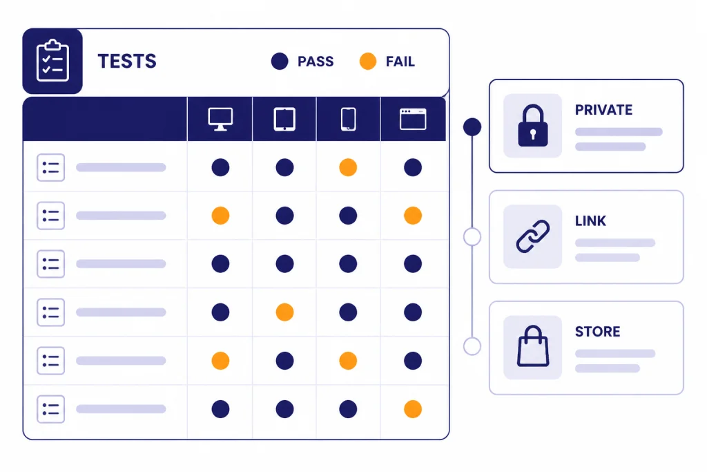 Testing dashboard labeled TESTS with PASS and FAIL dots plus sharing cards labeled PRIVATE, LINK, and STORE.