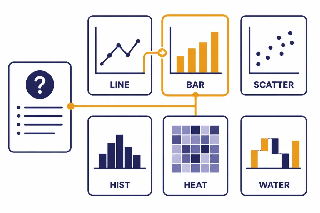 Chart Selection Board Chart selection board with cards labeled LINE, BAR, SCATTER, HIST, HEAT, and WATER.
