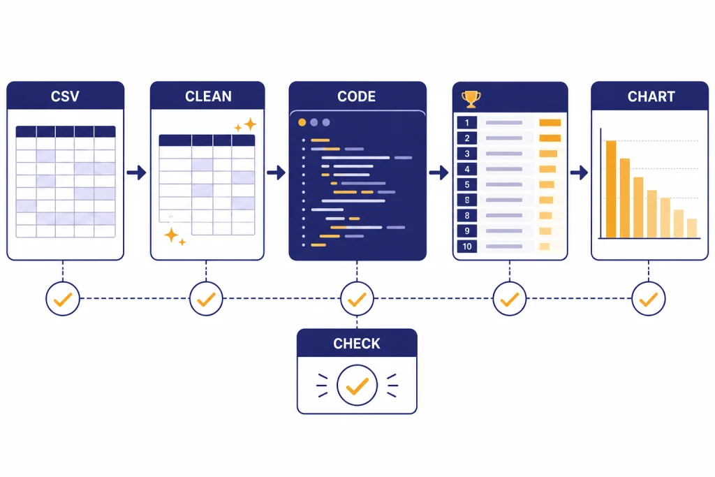 Data Analysis Workflow Spreadsheet grid flowing through CODE and CHECK boxes into a ranked table and CHART card.