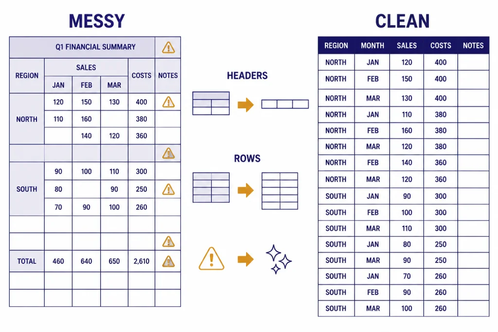 Messy spreadsheet labeled MESSY transforms into clean table labeled CLEAN with HEADERS and ROWS.
