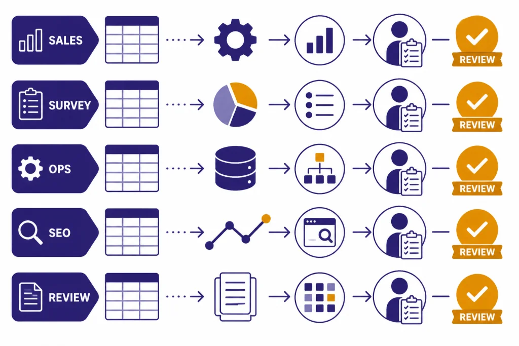 Data Use Case Matrix Five-row matrix labeled SALES, SURVEY, OPS, SEO, with arrows ending at REVIEW.
