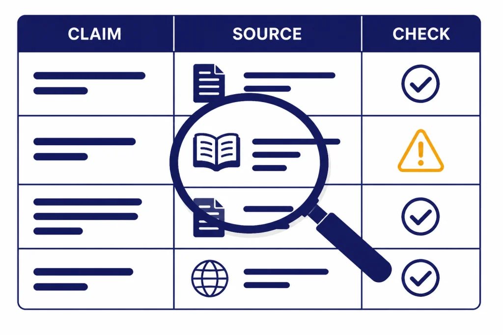 Citation Audit Table Citation audit table labeled CLAIM, SOURCE, and CHECK with check marks and one warning triangle.