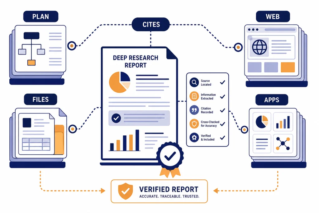 Deep Research Project Map Research report connected to source stacks labeled PLAN, WEB, FILES, APPS, and CITES.