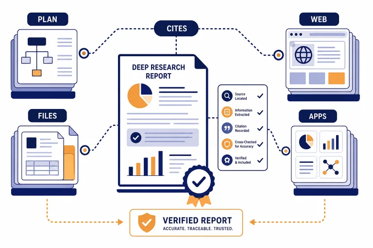 Research report connected to source stacks labeled PLAN, WEB, FILES, APPS, and CITES.