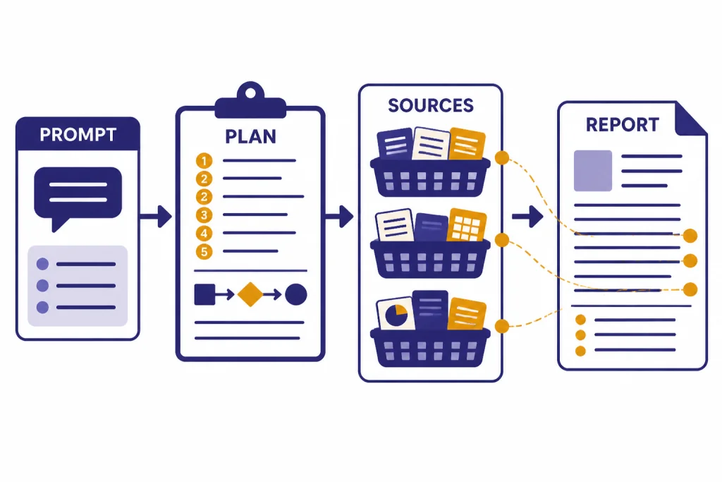 Deep Research Workflow Pipeline blocks labeled PROMPT, PLAN, SOURCES, and REPORT with citation dots back to sources.