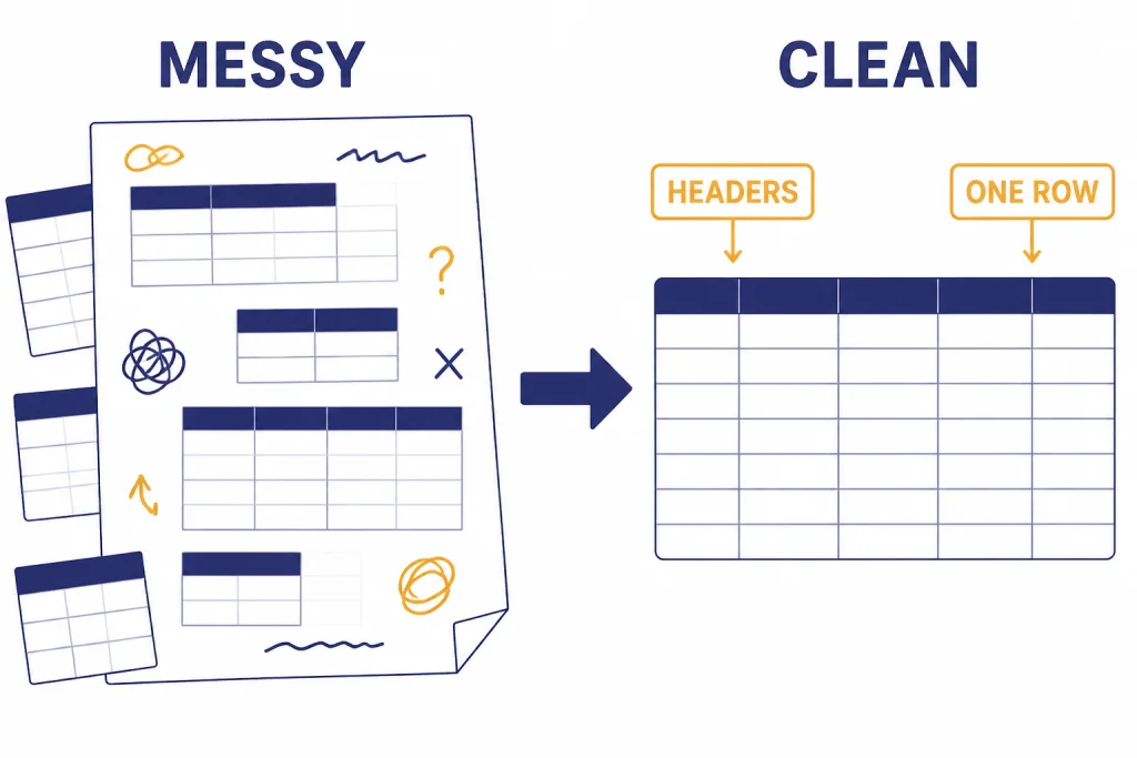 Messy worksheet labeled MESSY transforms into clean table labeled CLEAN, HEADERS, and ONE ROW.