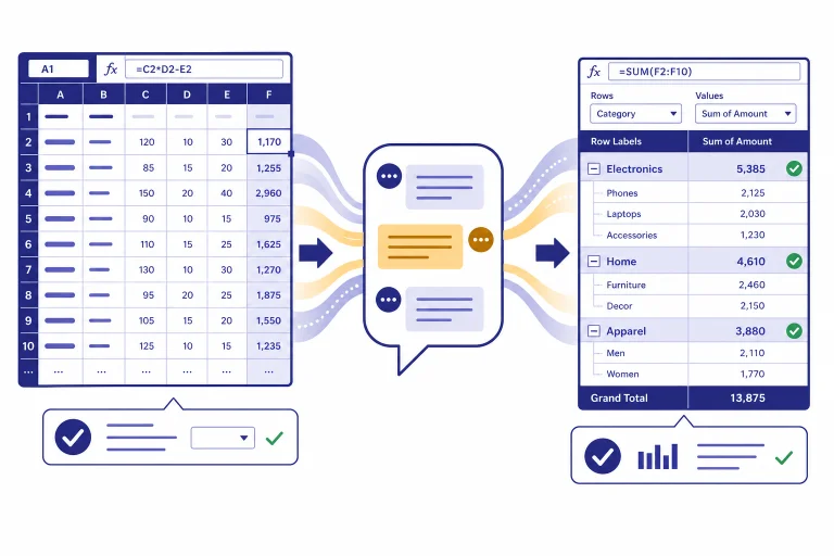 Spreadsheet grid flowing through a chat bubble into a PivotTable summary with formula bars and checkmarks.