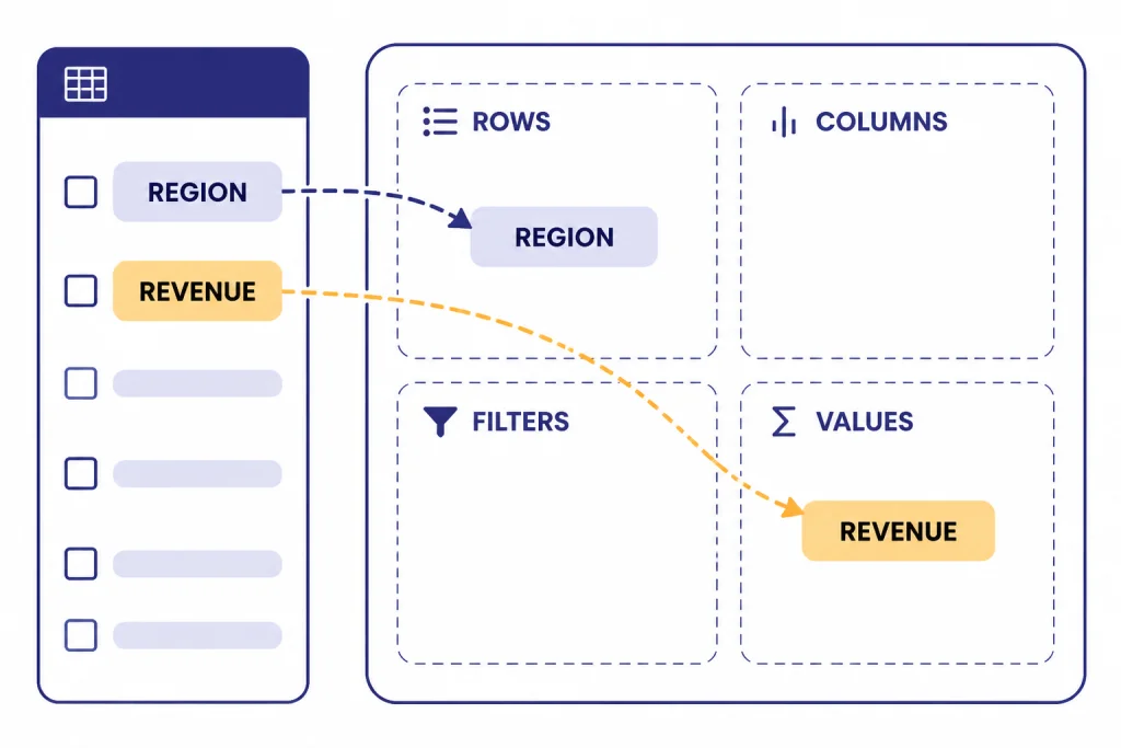 PivotTable Field Layout PivotTable field list with zones labeled ROWS, COLUMNS, VALUES, FILTERS and chips REGION, REVENUE.