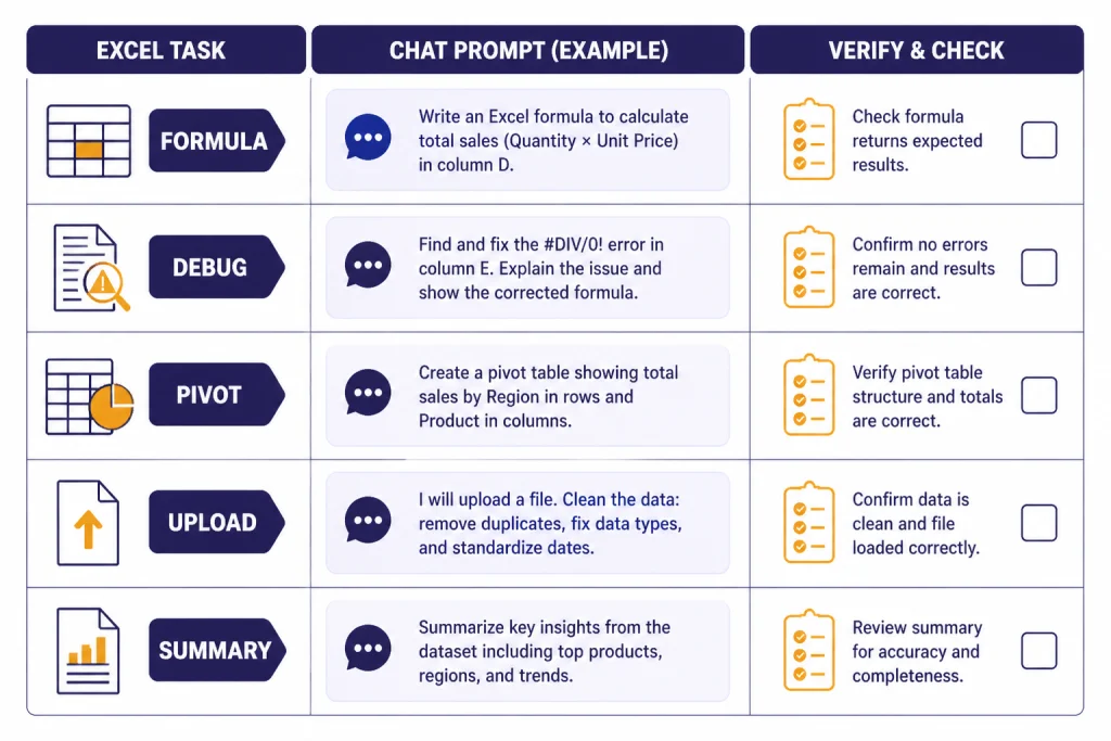 Five-row workflow table labeled FORMULA, DEBUG, PIVOT, UPLOAD, SUMMARY with verification checkboxes.