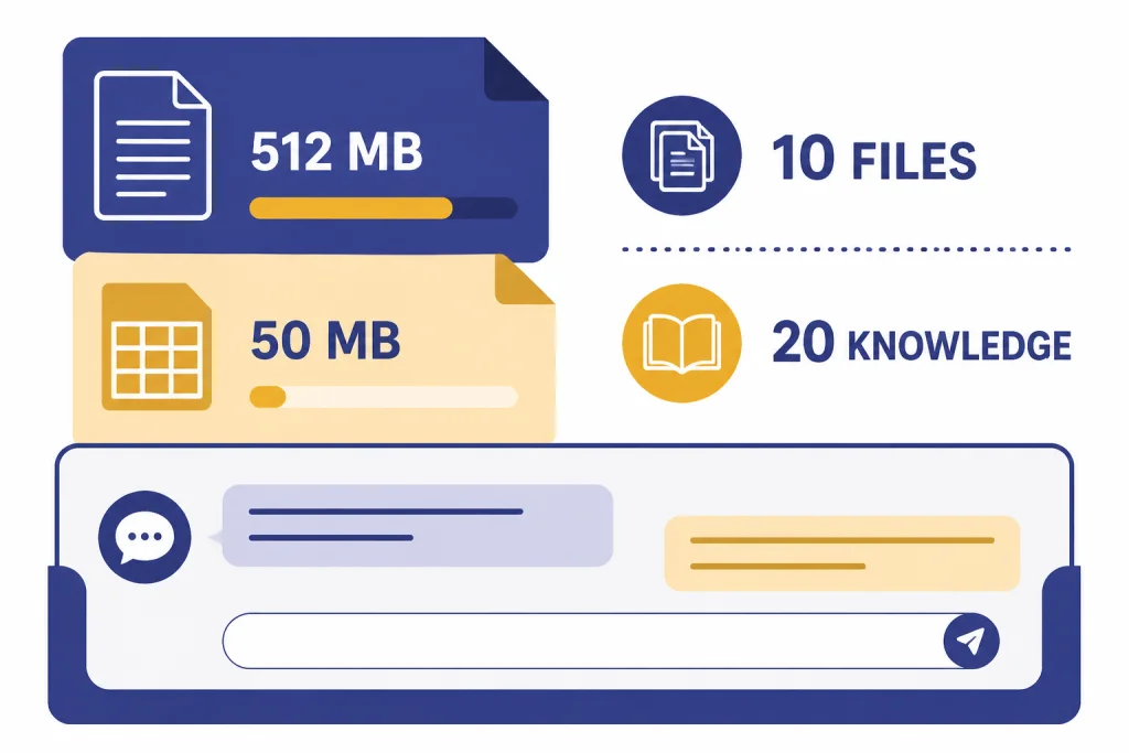 ChatGPT File Upload Limits File upload limit diagram labeled 512 MB, 50 MB, 10 FILES, and 20 KNOWLEDGE.