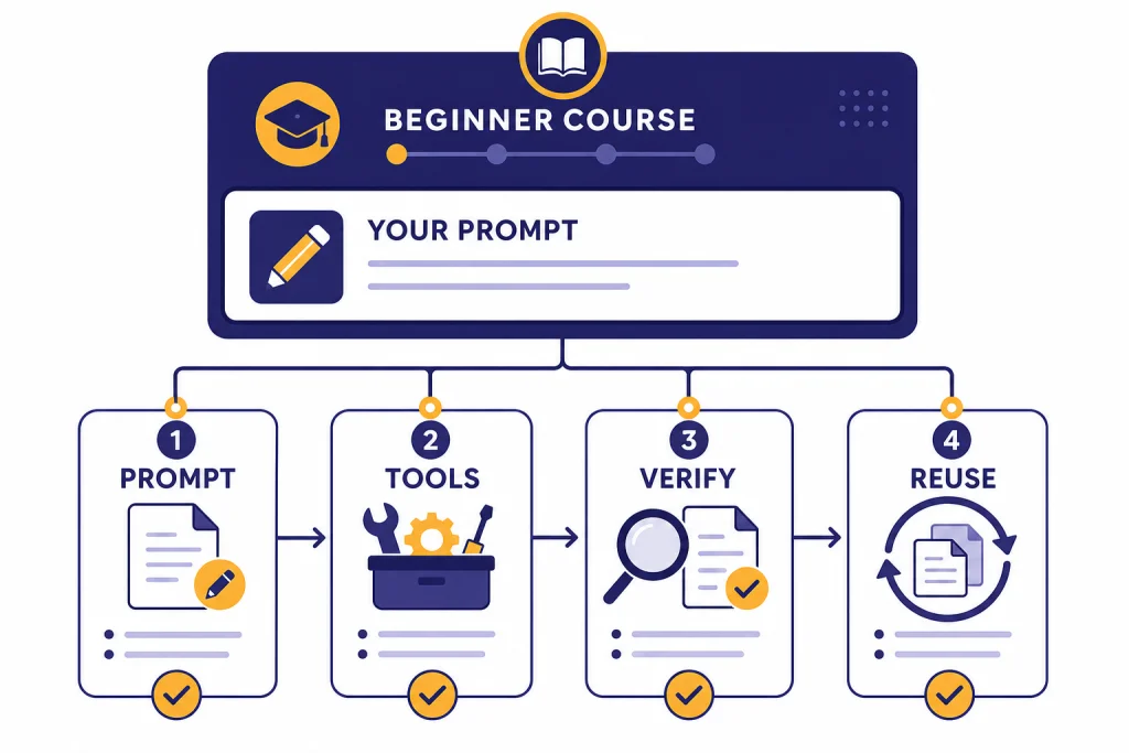 Beginner Course Map Course dashboard with a prompt box and four cards labeled PROMPT, TOOLS, VERIFY, and REUSE.