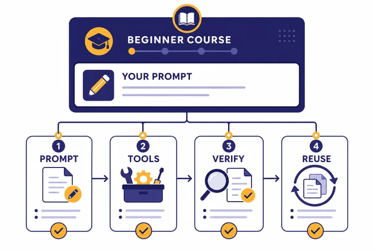 Course dashboard with a prompt box and four cards labeled PROMPT, TOOLS, VERIFY, and REUSE.