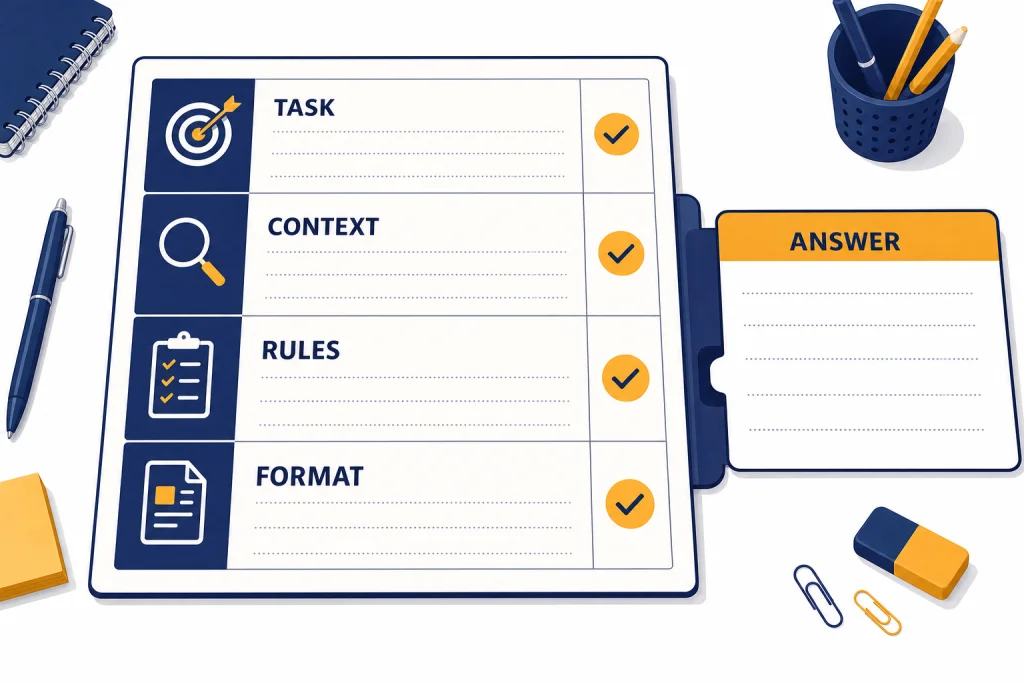 Beginner Prompt Worksheet Prompt worksheet with stacked fields labeled TASK, CONTEXT, RULES, FORMAT, and ANSWER card.
