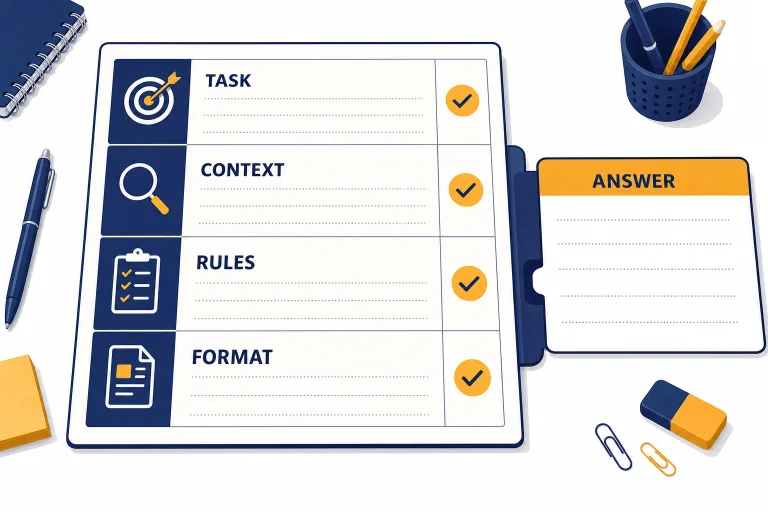 Prompt worksheet with stacked fields labeled TASK, CONTEXT, RULES, FORMAT, and ANSWER card.