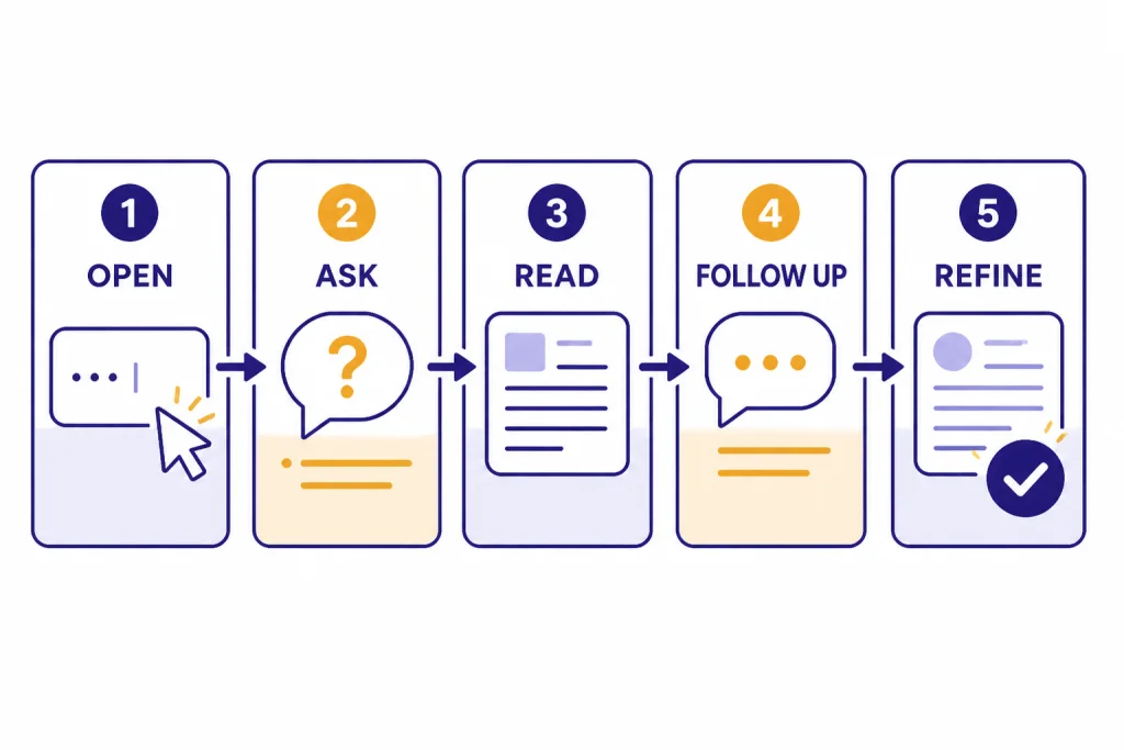 First Chat Checklist Five connected cards labeled OPEN, ASK, READ, FOLLOW UP, and REFINE for a first ChatGPT chat.