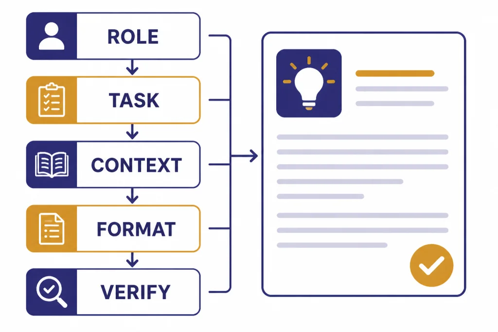 Prompt formula stack labeled ROLE, TASK, CONTEXT, FORMAT, and VERIFY feeding an answer panel.