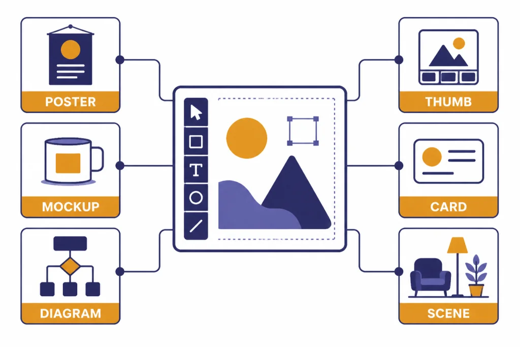 Central canvas connected to six tiles labeled POSTER, MOCKUP, DIAGRAM, THUMB, CARD, and SCENE.