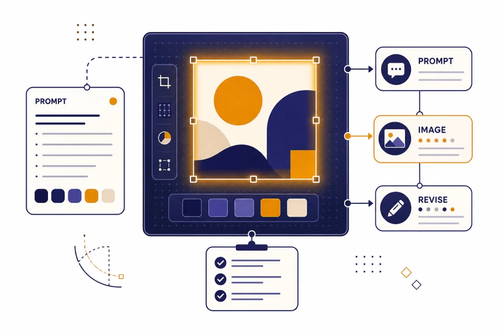 Image Generation Workflow Workflow board with cards labeled PROMPT, IMAGE, and REVISE beside a generated canvas and checklist.