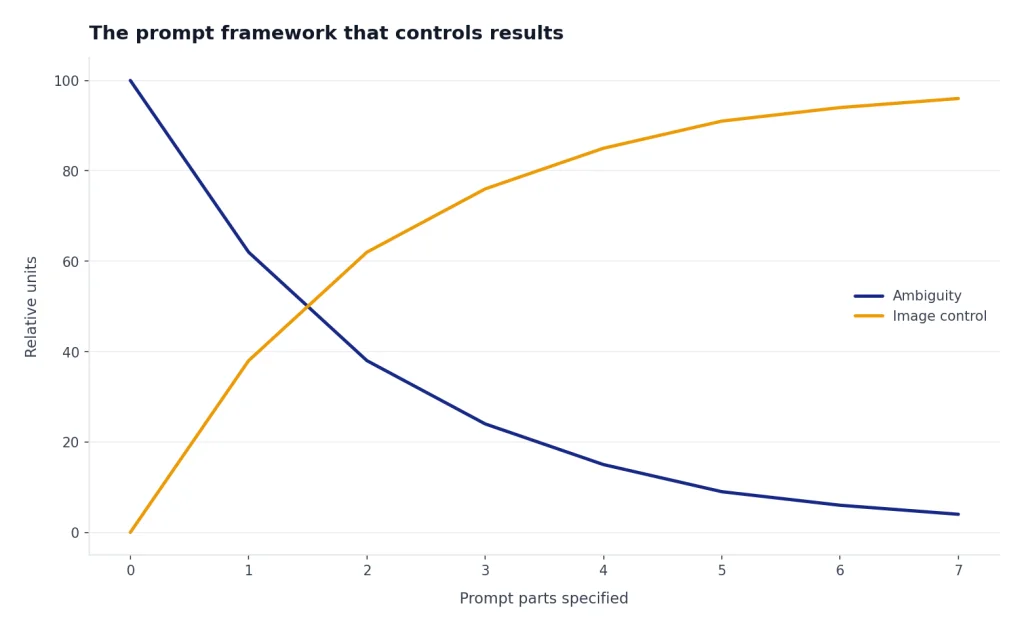 Line chart: ambiguity drops from 100 to 4 as prompt parts rise 0–7; image control rises from 0 to 96.