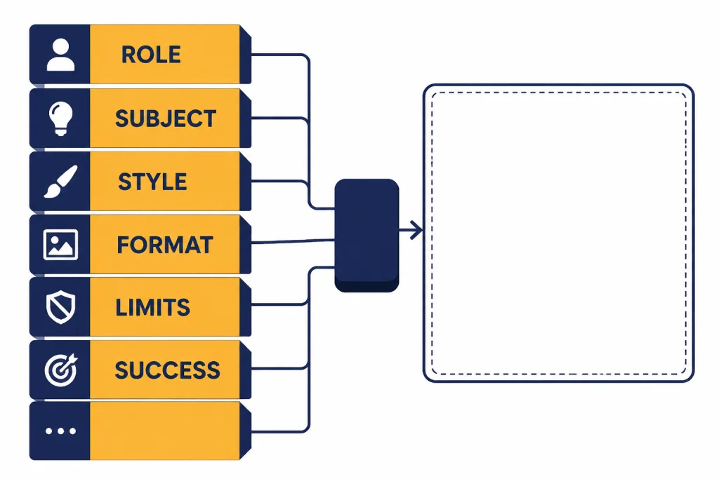 Stacked prompt blocks labeled ROLE, SUBJECT, STYLE, FORMAT, LIMITS, and SUCCESS feeding into a canvas.