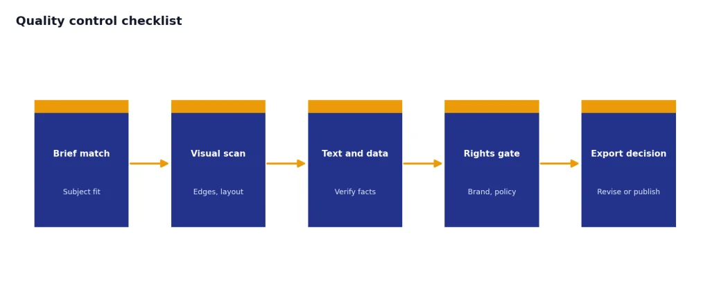 Process with 5 stages: Brief match, Visual scan, Text and data, Rights gate, Export decision.