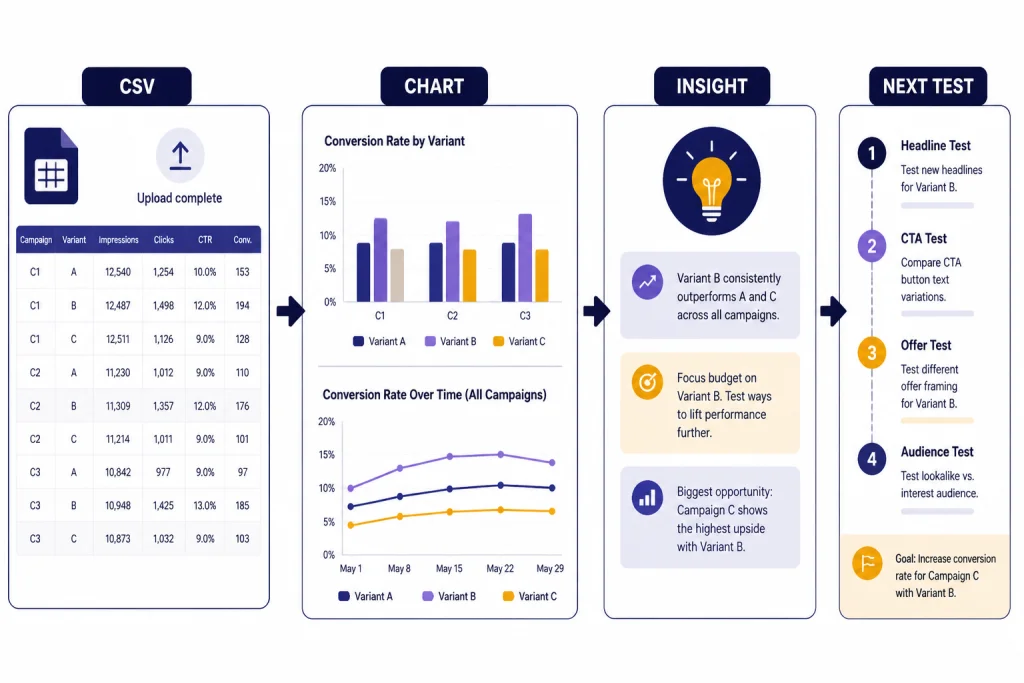 Analytics workspace labeled CSV, CHART, INSIGHT, and NEXT TEST with arrows from spreadsheet to charts to checklist.