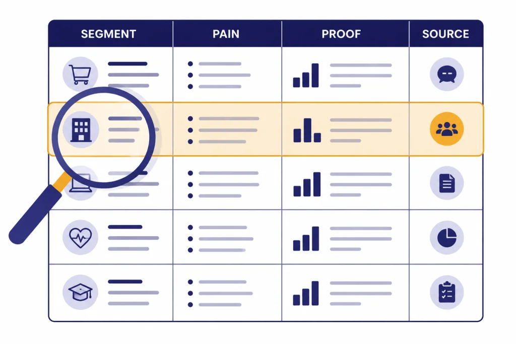 Buyer Research Table Buyer research table labeled SEGMENT, PAIN, PROOF, and SOURCE with a magnifying glass over one row.