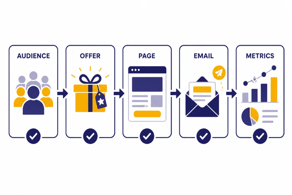 Campaign Map Flow Five connected campaign cards labeled AUDIENCE, OFFER, PAGE, EMAIL, and METRICS with checkmarks.