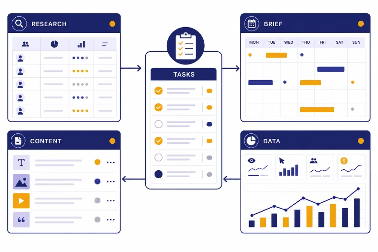 Marketing command center dashboard with modules labeled BRIEF, RESEARCH, CONTENT, DATA, and TASKS.