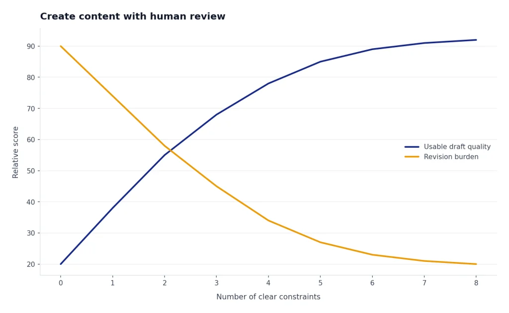 Line chart: draft quality rises 20 to 92 while revision burden falls 90 to 20 across 0 to 8 constraints.