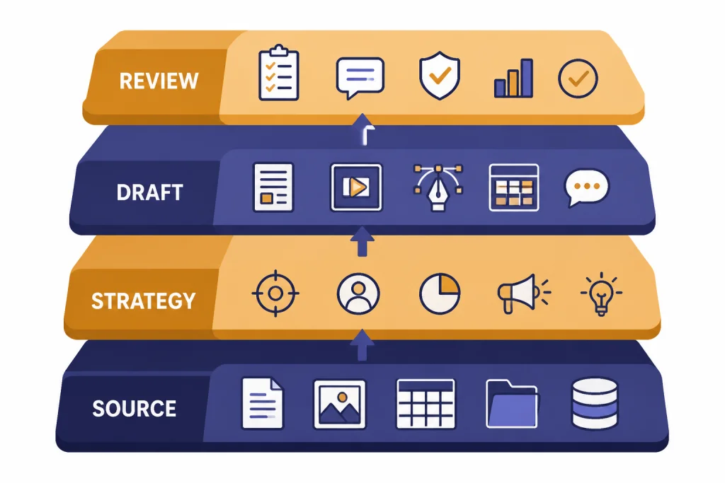Marketing Workflow Stack Four-layer workflow stack labeled SOURCE, STRATEGY, DRAFT, and REVIEW with arrows moving upward.