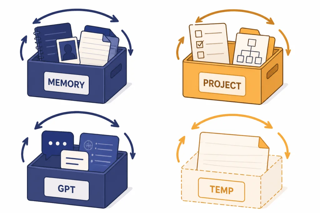 Four separated containers labeled MEMORY, PROJECT, GPT, and TEMP with non-crossing arrows.