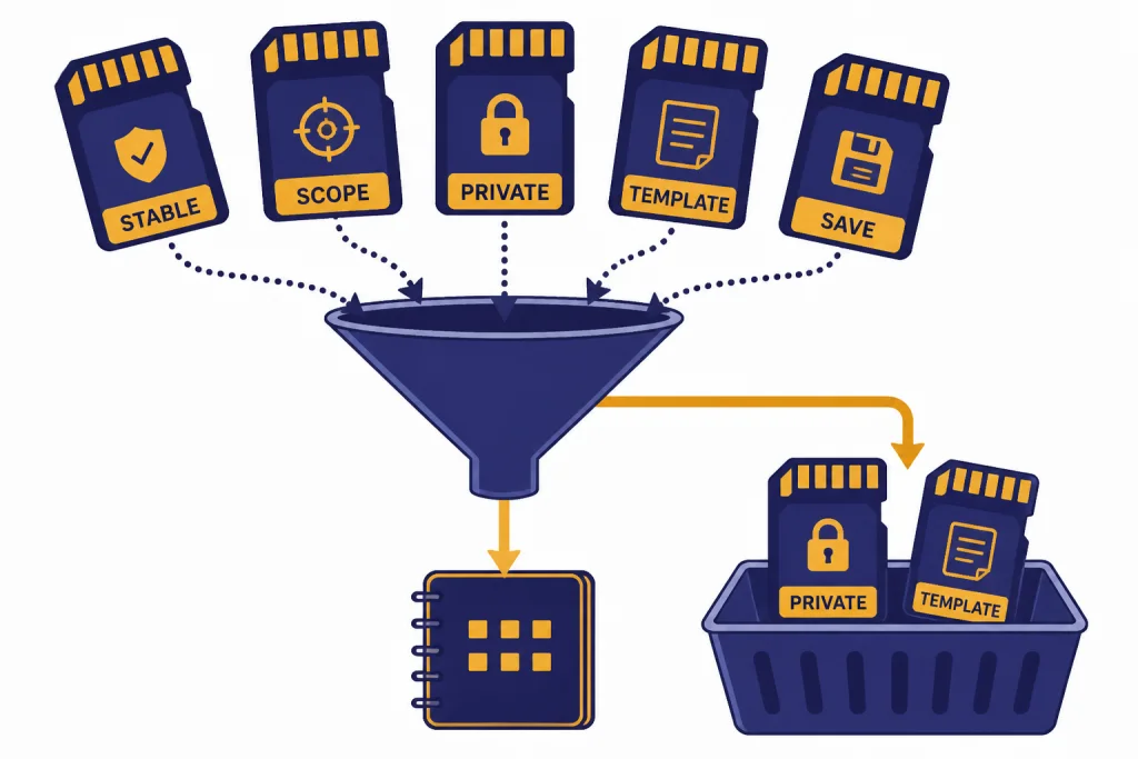Saved Memory Filter Funnel sorting cards labeled STABLE and SCOPE into SAVE, while PRIVATE and TEMPLATE are rejected.