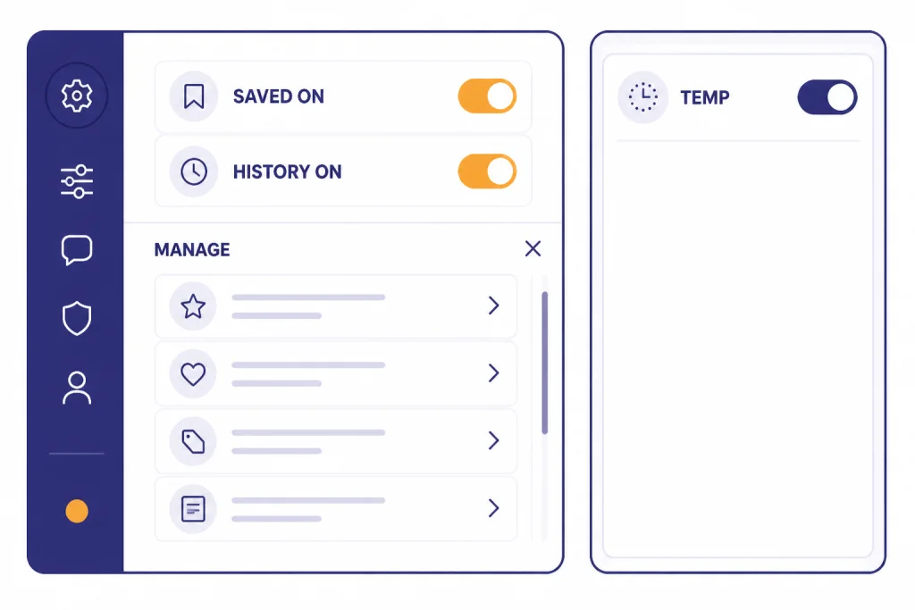 Settings dashboard with toggles labeled SAVED ON and HISTORY ON plus MANAGE and TEMP cards.