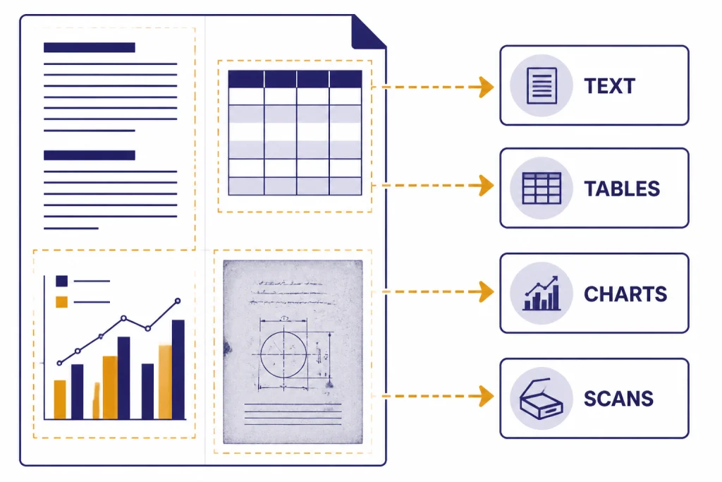 PDF Content Types PDF page split into sections routed to boxes labeled TEXT, TABLES, CHARTS, and SCANS.