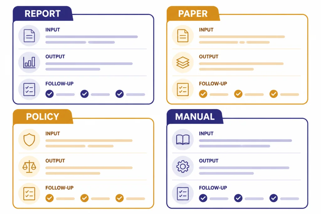 Four prompt recipe cards labeled REPORT, PAPER, POLICY, and MANUAL with check marks.