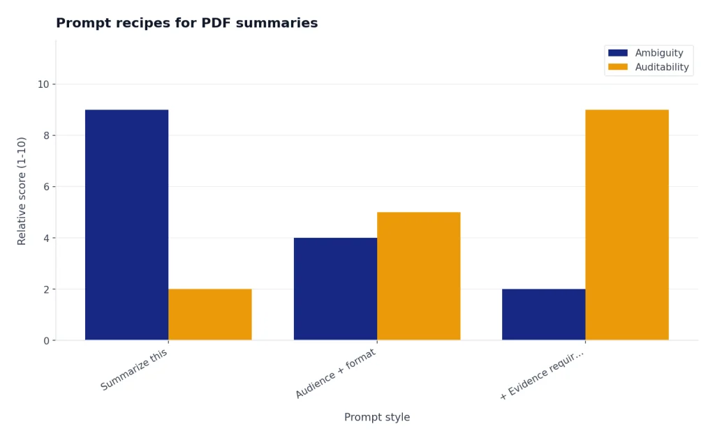 Illustrative chart showing that more specific prompts generally reduce ambiguity and improve auditability.