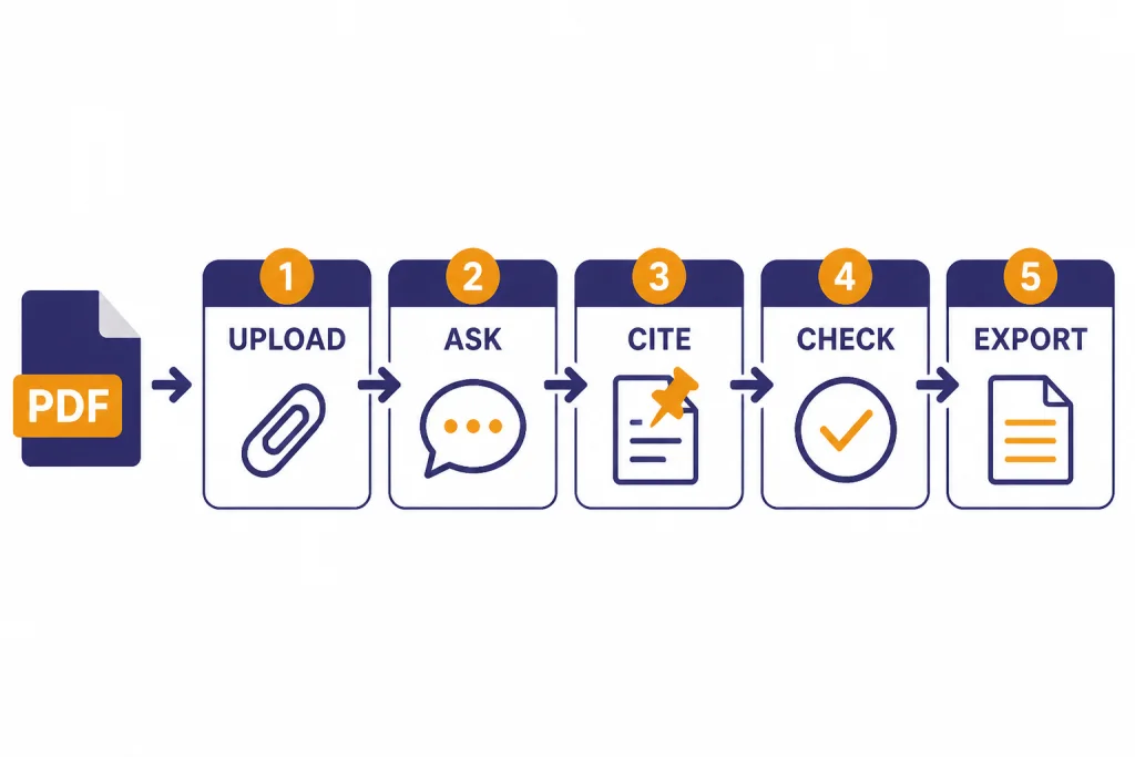 PDF Summary Steps Five-stage workflow labeled UPLOAD, ASK, CITE, CHECK, and EXPORT for summarizing a PDF.
