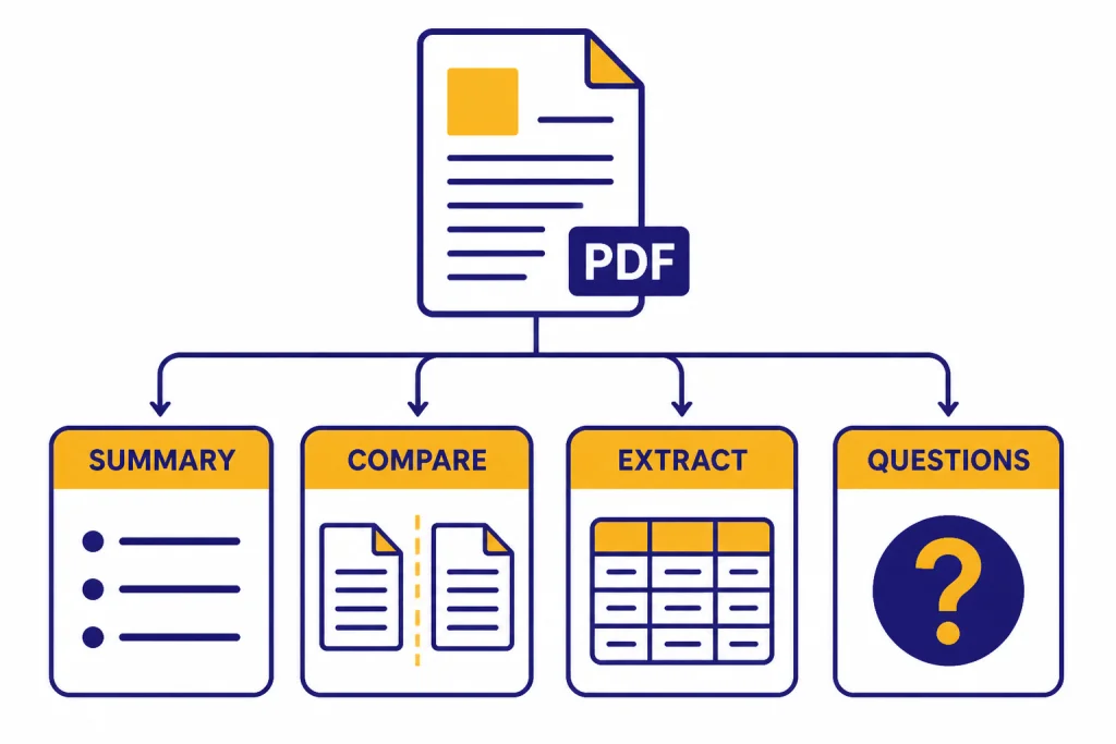 PDF Task Map PDF page branching to four tiles labeled SUMMARY, COMPARE, EXTRACT, and QUESTIONS.