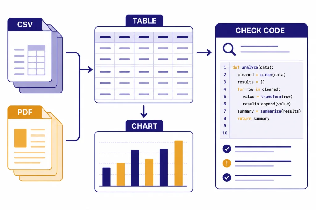 Research Data Workspace File cards labeled CSV and PDF feed a TABLE, CHART, and CHECK CODE panel.