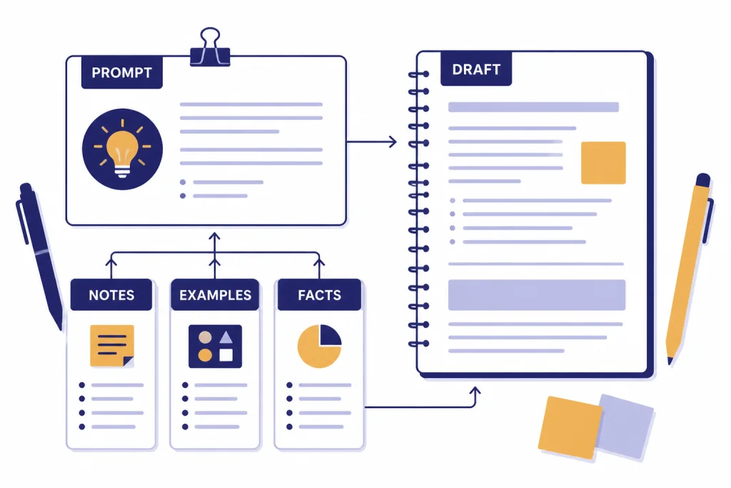 Drafting workspace with cards labeled PROMPT, NOTES, EXAMPLES, FACTS, and DRAFT connected by arrows.