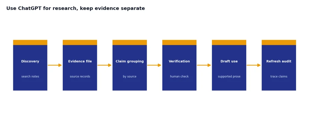 Process with stages Discovery, Evidence file, Claim grouping, Verification, Draft use, Refresh audit.